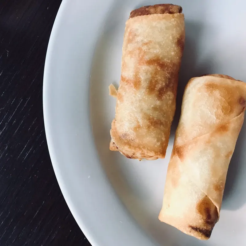 Involtini primavera fatti a mano, su un piatto bianco
